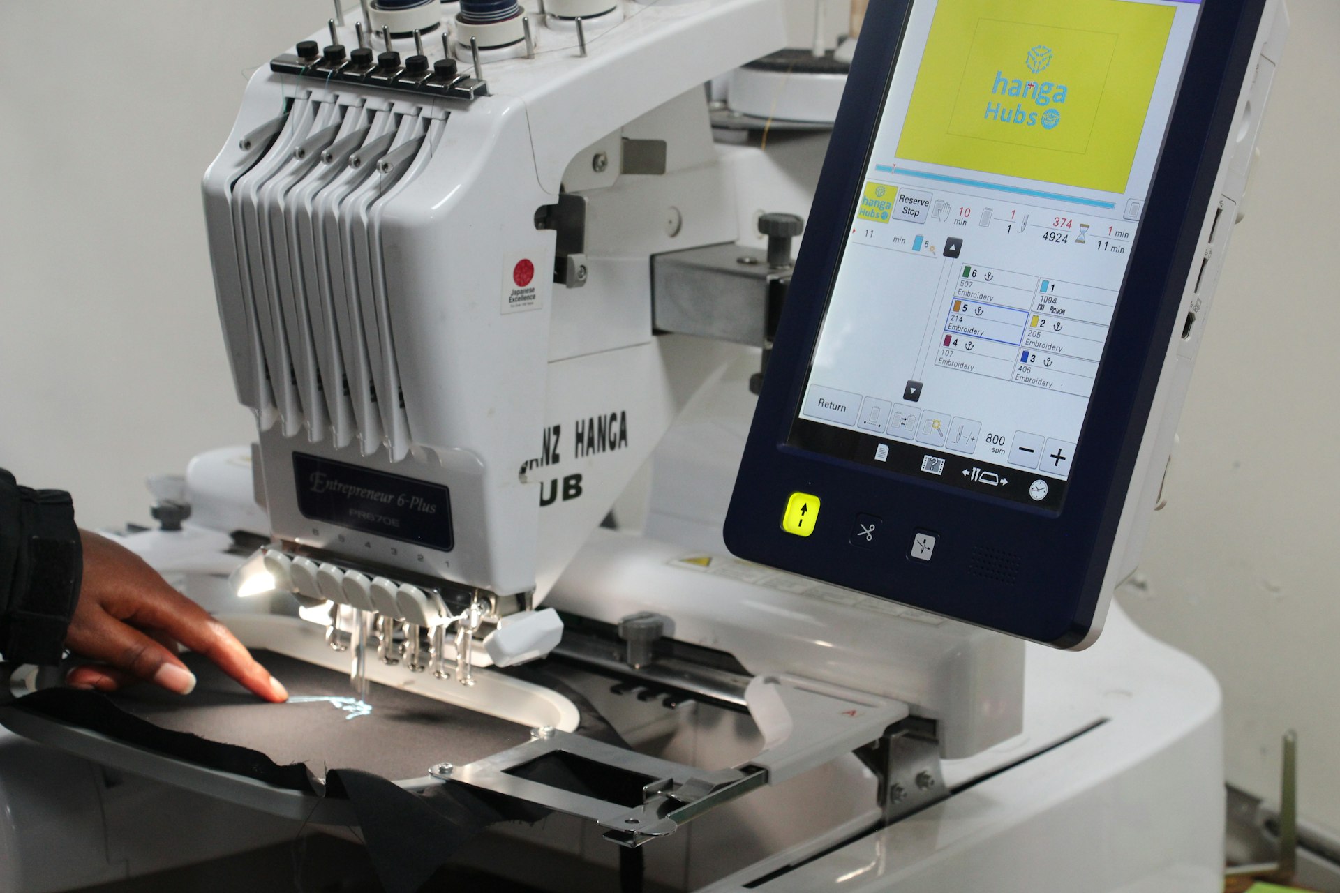Close-up of a person operating an embroidery machine.